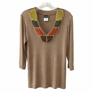 Y2K Slinky Brand Beaded Neckline Top Made in USA Size M